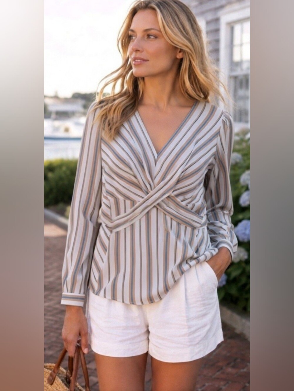 NWT Maurices Tan And Blue Stripe Wrap Front  Peplum Blouse